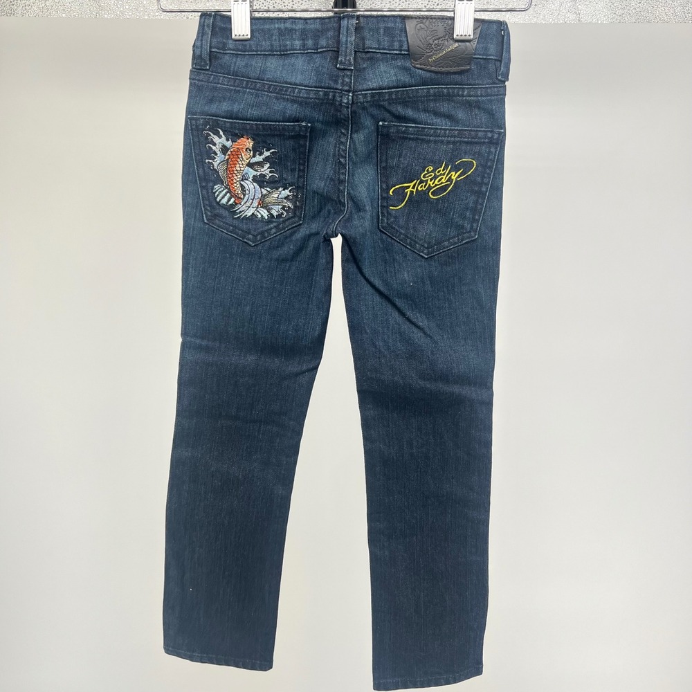 Y2K Ed Hardy Kids Jeans Koi Fish Embroidery Denim Pants Size 6